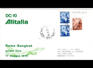 Italien 1973, DC-10 Alitalia Erstflug Brief Rom-Bangkok Thailand