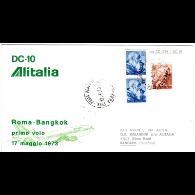 Italien 1973, DC-10 Alitalia Erstflug Brief Rom-Bangkok Thailand