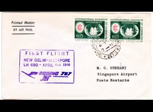 Indien 1966, Paar 0,15 Rp. auf Lufthansa Erstflug Brief New Delhi-Singapore