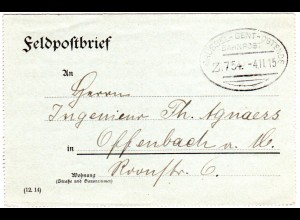 Besetzung Belgien 1915, FP Kartenbrief m. Bahnpoststempel Brüssel-Gent-Ostende