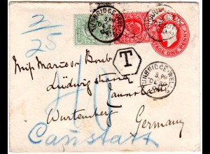 GB 1905, 1/2+1d on underpaid stationery cover fr. Tunbridge Wells to Württemberg