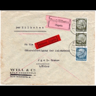 DR 1936, 4+2x30 Pf. auf Eilboten Brief v. Köln n. Igel-Grenze b. Trier