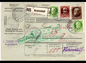 Bayern 1920, 4 Ludwig Marken auf Paketkarte v. Burgkundstadt i.d. Schweiz