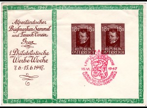 Österreich 1947, 18+18 G. Grillparzer, Graz gest. Privatganzsachenumschlag