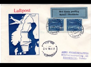 Schweden 1944, 2x10 öre on 1st. flight cover from Malmö to Stockholm