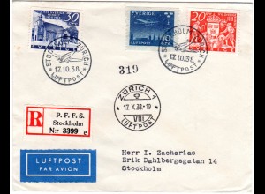 Schweden 1938, 3 stamps on regd. flight cover from Stockholm to Zürich CH