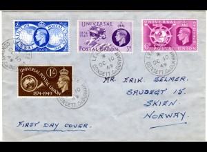 GB 1949, 4 Werte UPU kpl. auf FDC nach Norwegen.