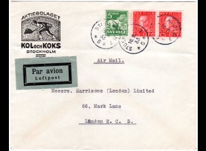 Schweden 1933, 5+2x15 öre auf Luftpost Kohle Firmen Brief v. Stockholm n. GB
