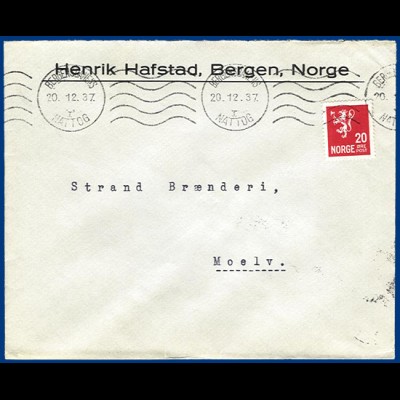 Norwegen, Nattog I, Bergensbanen Nachtzug Bahnpost Brief m. 20 öre. #S563