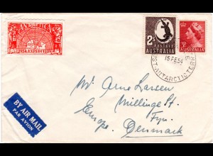 Australien 1954, 3 1/2d+2 S. u. Antarctica Expedition Vignette auf Brief n. DK