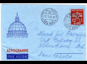 Vatikan 1965, 100 L. Aerogramm in sauberer Vewendung nach Dänemark