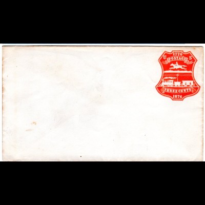 USA 1876, ungebr. 3 C. Ganzsachenumschlag m. Eisenbahn u. Postreiter