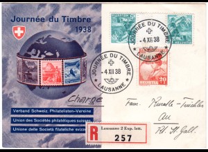 Schweiz 1938, Kehrdruck 5 C+20 C. Pro Juventute auf Karte zum Tag der Briefmarke