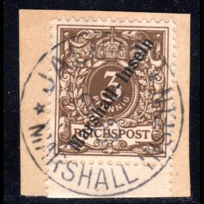 Marshall Inseln 7, 3 Pf. auf sauberem Briefstück m. Stempel Jaluit