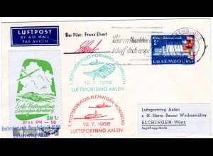 Luxemburg 1958, 2 F. auf Postsegelflug Brief m. Piloten Unterschrift u. Vignette