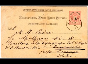 Österreich 1891, Dalmatien-K1 SIGN (Sinj) auf 5 Kr. Ganzsache n. Italien.