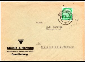 DR 1938, 5 Pf. m. perfin auf Firmenbrief v. Quedlinburg n. Norwegen.