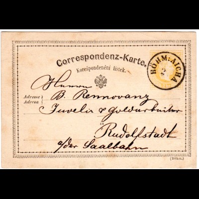 Österreich 1875, Böhmen-K1 BÖHM:AICHA klar auf 2 Kr. Ganzsache
