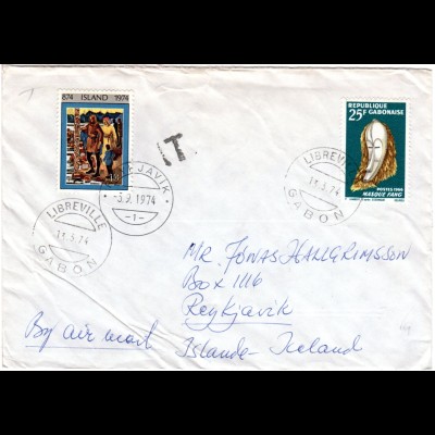 Gabun 1974, 25 F. auf Brief v. Libreville m. Island 10 Kr. als Portmarke!