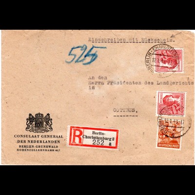 1948, 2x60+24 Pf. auf portorichtigem Konsulats Reko-Rückschein Brief v. Berlin