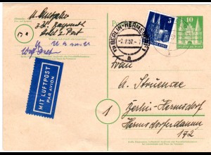 BRD 1952, 5 Pf. Bauten als Zusatzfr. auf 10 Pf. Luftpost Ganzsache v. Bayreuth