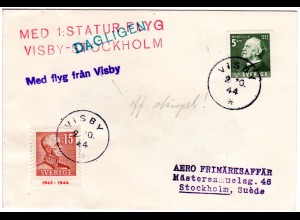 Schweden 1944, 5+15 öre auf Erstflug Brief v. Visby n. Stockholm