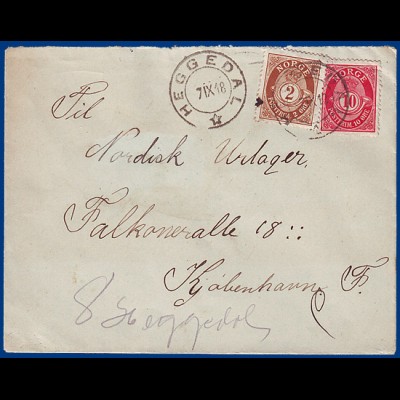 Norwegen 1918, 2+10 öre auf Brief v. Heggedal (Akh) n. Dänemark. #S810