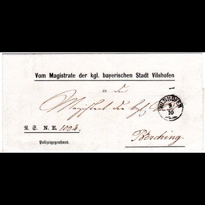 Bayern 1871, Zier-K1 VILSHOFEN klar auf Polizeigegenstand-Brief n. Berching