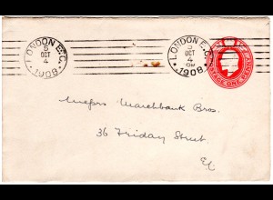 GB 1908, London E.C. Maschinenstempel klar auf 1d Ganzsache Brief