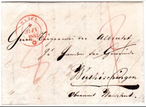 Schweiz 1842, roter K2 Basel klar auf Porto Brief n. Wutöschingen in Baden