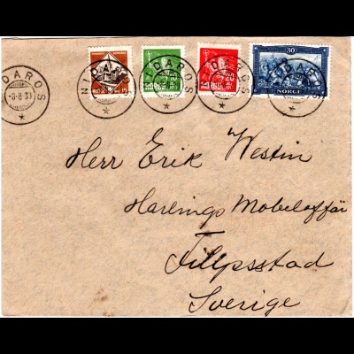 Norwegen 1930, Hlg. Olaf kpl. auf Trondheim Brief n. Schweden m. Stpl. NIDAROS 