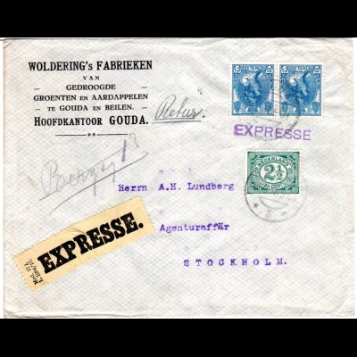 NL 1918, 2 1/2+Paar 12 1/2 C. auf Express Brief v. Gouda n. Schweden