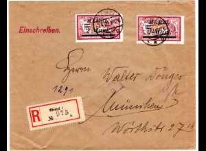 Memel 1922, MeF 2x2 Mk./1 Fr. auf Einschreiben Brief m. Zensur n. München 