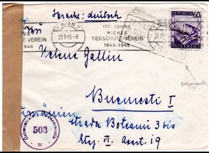 Österrech 1945, 60 G. auf Zensur Brief v. Wien m. Rumänien Propaganda Stempel