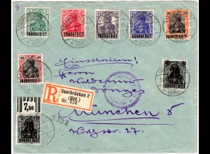 Saargebiet 1921, 8 Germania Marken auf portorichtigem Einschreiben Zensur Brief