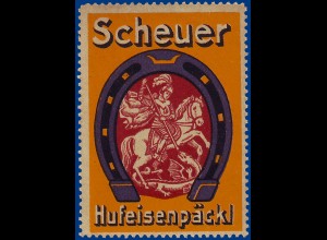 Scheuer Hufeisenpäckl, alte Werbevignette m. Drachen, Pferd u. Ritter. #S745