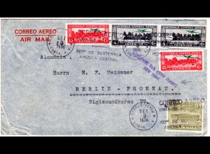 Guatemala 1936, 5 Marken auf Luftpostbrief n. Berlin m. Affranchie...jusqu´a NY