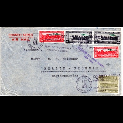Guatemala 1936, 5 Marken auf Luftpostbrief n. Berlin m. Affranchie...jusqu´a NY