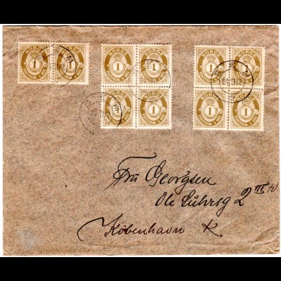 Norwegen 1912, 2 Vierblöcke u. Paar 1 öre auf Brief v. SEM n. Dänemark.