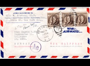 USA 1940, MeF 3x10 C. Remington auf Luftpost Brief m. dt. Zensur n. Norwegen.