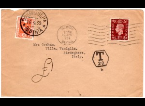 GB 1939, 1 1/2d auf Brief v. Slough m. T-Stpl. u. Italien 1 L. Portomarke