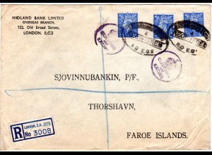 GB 1945, 3x2 1/2d m. perfins auf Bank Reko Brief v. London n. Thorshavn Faeroer 