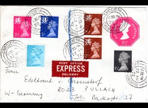 GB 1972, 6 Marken als Zusatzfr. auf 2 1/2d Ganzsache per Express v. Criccieth