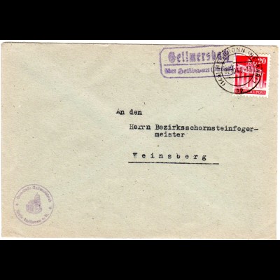 1948, Landpost Stpl. GELLMERSBACH über Heilbronn auf Gemeinde Brief m. 20 Pf.