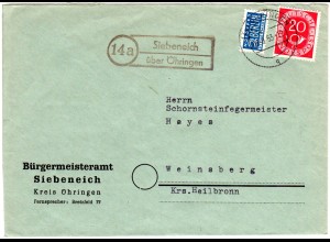 BRD 1953, Landpost Stpl. SIEBENEICH über Öhringen auf Gemeinde Brief m. 20 Pf.