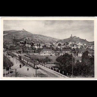 Weinheim a.d. Bergstrasse, Gesamtansicht m. Trambahn, 1934 gebr. sw-AK