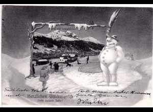 Schweiz, Davos, Glückwunsch zum neuen Jahr m. Schneemann, 1906 gebr. sw-AK