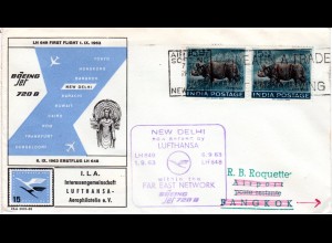 Indien 1963, Paar 15 nP. Nashorn auf Lufthansa Erstflug Brief New Delhi-Bangkok