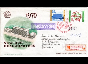 Indonesien 1970, 15+2x30 R. (1x rücks.) UPU auf Reko-FDC n. Schweden