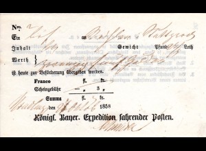 Bayern, Postschein v. Nördlingen m. JZ 1858 auf dünnem weissem Papier 